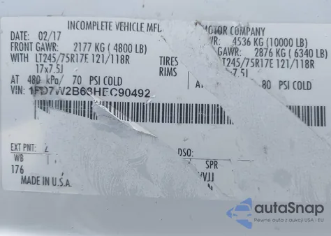 2017 Ford F-250 Xl z USA, uszkodzony, nr VIN 1FD7W2B68HEC90492